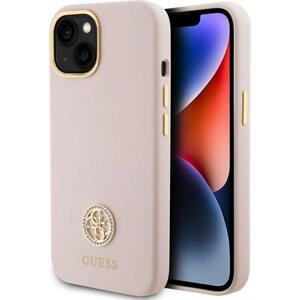 Guess Liquid Silicone 4G Strass Metal Logo kryt iPhone 15 růžový