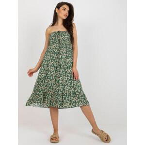 Fashionhunters Tmavě zelené květinové midi šaty bez ramínek Velikost: S/M