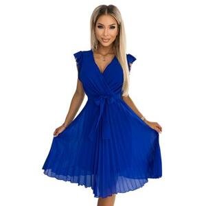 Numoco Plisované šaty s výstřihem a volány POLINA - modré Velikost: S, Modrá