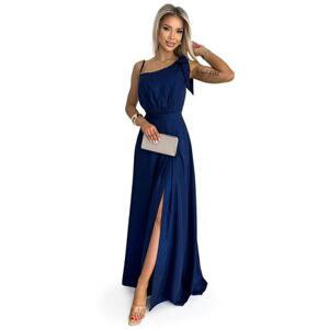Numoco Dámské dlouhé lesklé šaty na jedno rameno s mašlí - námořnická modrá Velikost: M