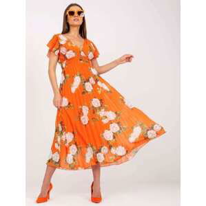 Fashionhunters Oranžové květované řasené šaty v midi délce.Velikost: JEDNA VELIKOST