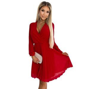 Numoco Plisované šaty s dlouhými rukávy a výstřihem ISABELLE - červené Velikost: L, Červená